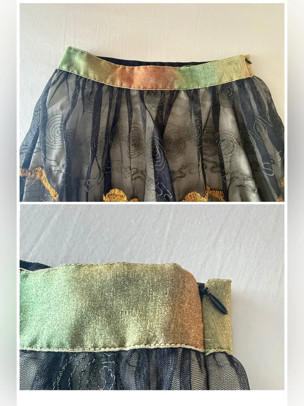 Free People Gold Floral Layered Embroidered Mesh Skirt Boho Whimsigoth Fairycore